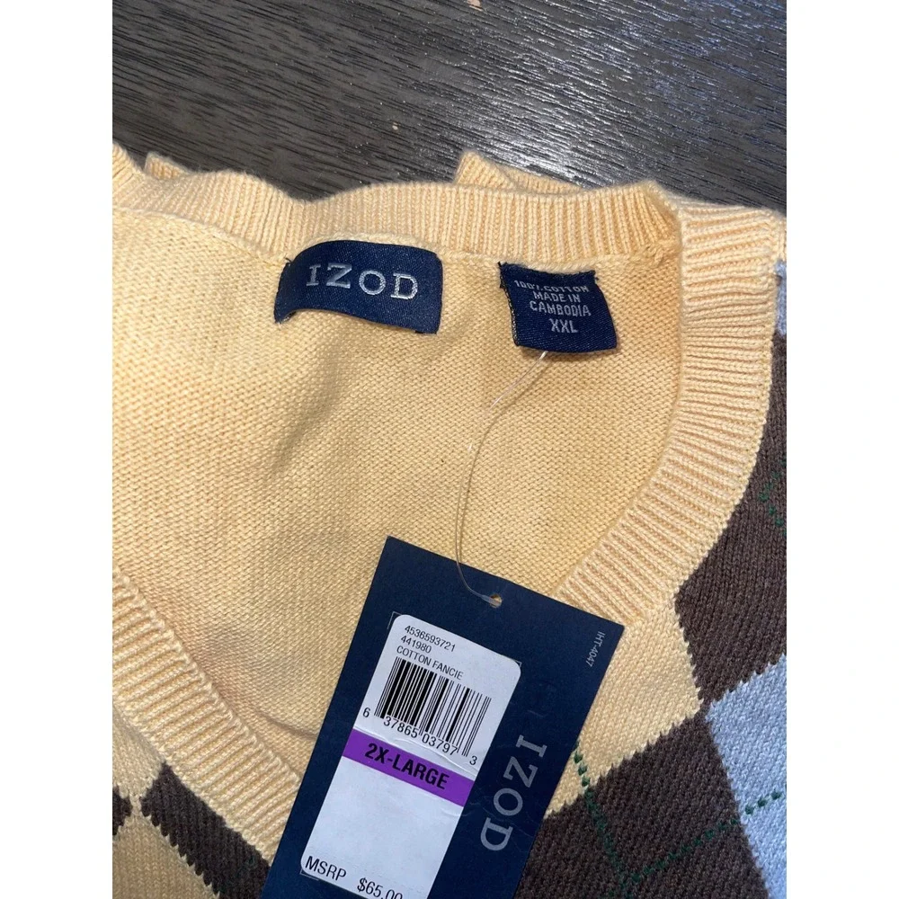 IZOD Mens Argyle V-Neck Sweater Yellow Brown Blue Cotton XXL 2X-Large NWT